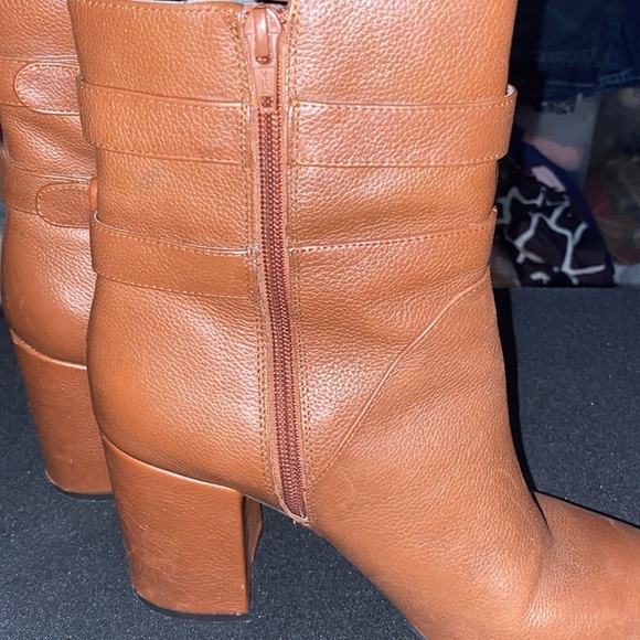Nine West Wo size 10 LEATHER Brown Heeled Boots w/GOLD Buckle ACCENT 4” HEELS - Picture 7 of 12